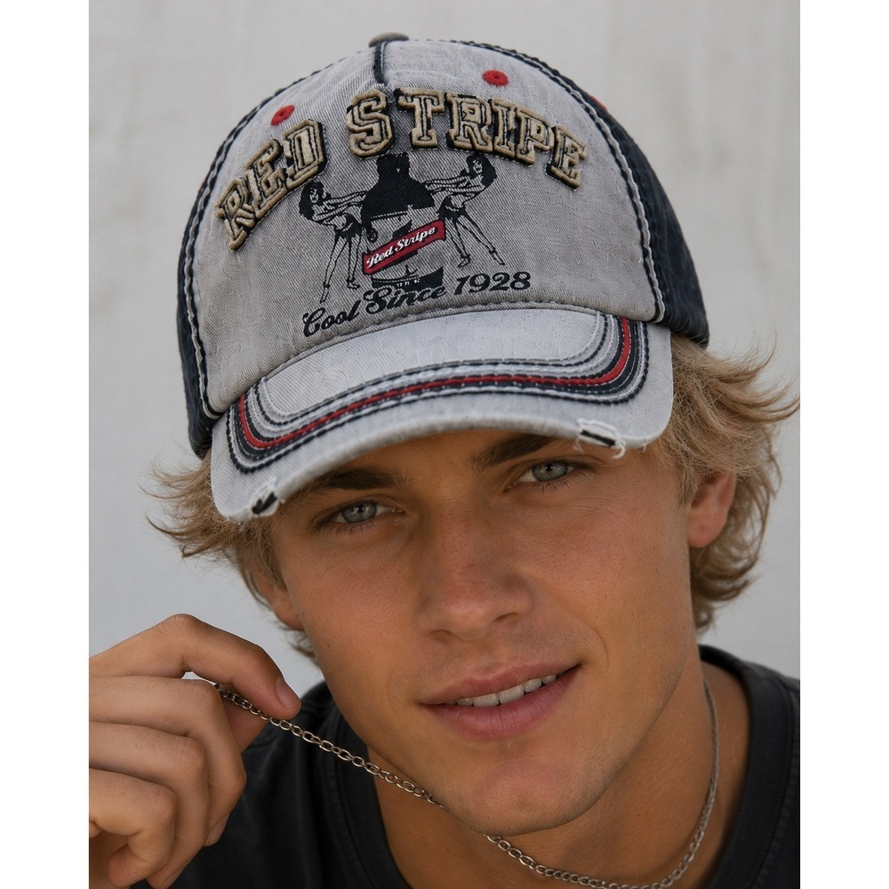 Red Stripe Beer 3D Embroidery Distressed Brim Hat Y2K 90s Streetwear Summer Beer